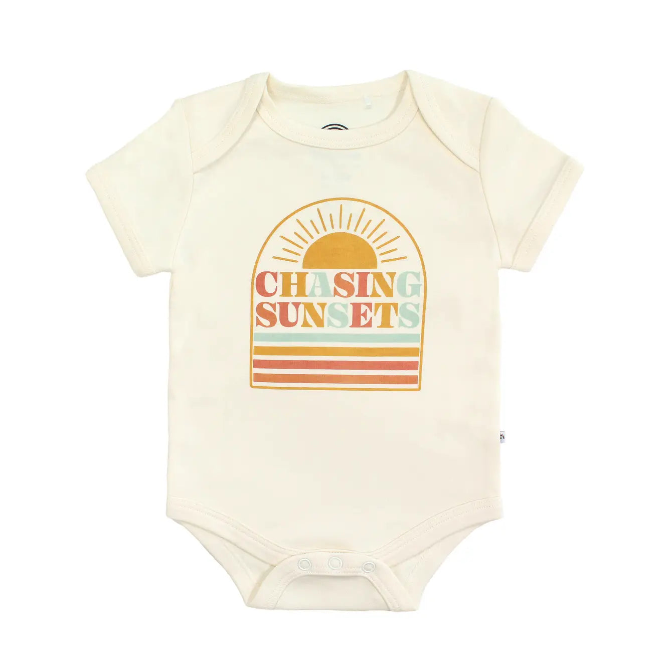 Baby bodysuit with 'Chasing Sunsets' design on a white background