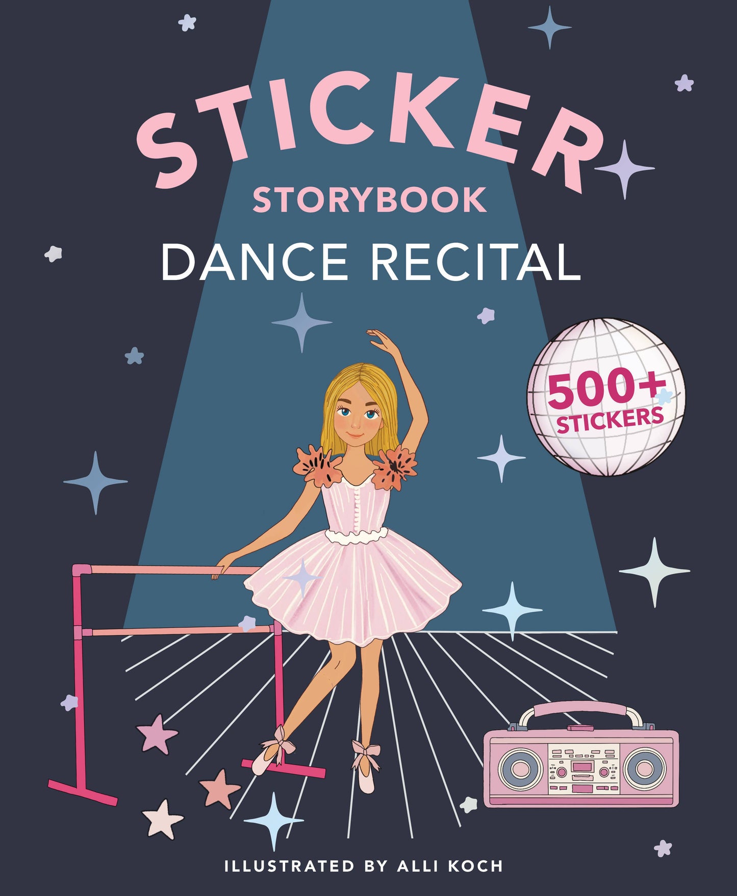 Sticker storybook cover with a ballerina illustration and text about stickers and dance recital.