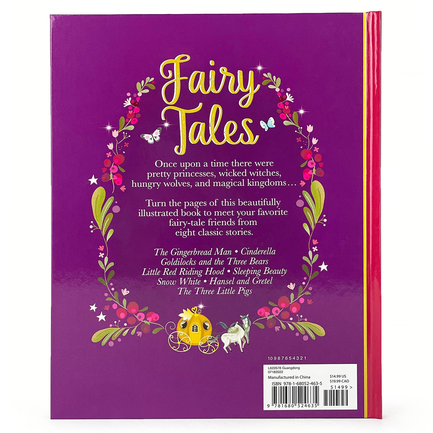 Back cover of a book titled 'Fairy Tales' with decorative elements on a purple background.