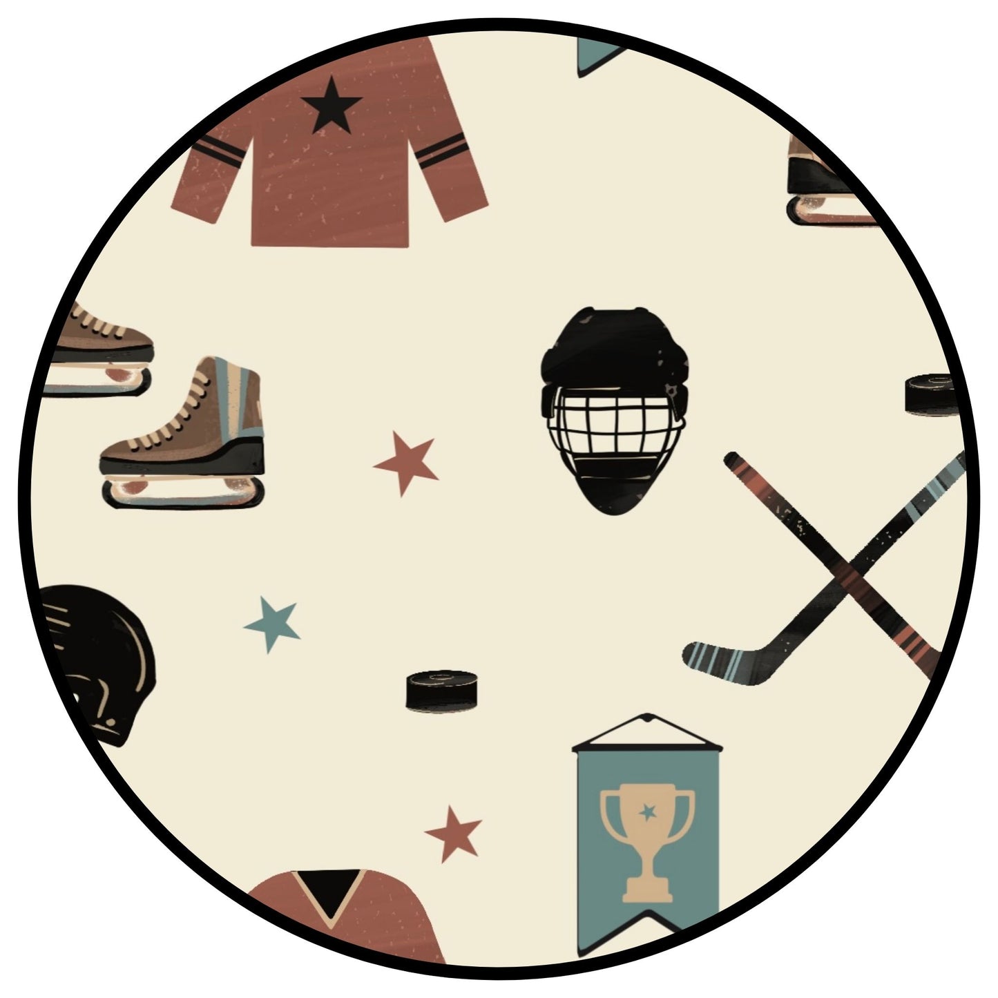 Circular design with hockey-themed elements on a beige background