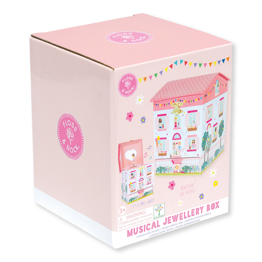 Boxed musical jewellery box with a dollhouse design on a white background