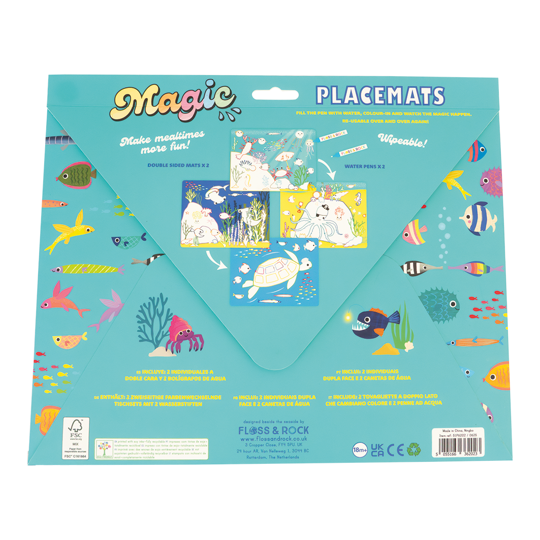 Pack of Magic Placemats with underwater animal designs on a blue background
