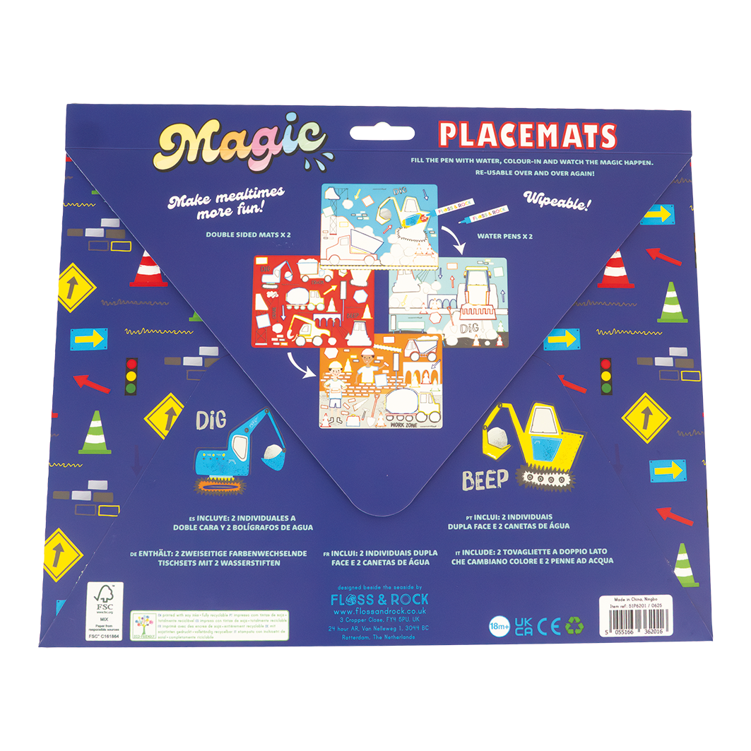 Pack of Magic Placemats with construction-themed designs on a blue background