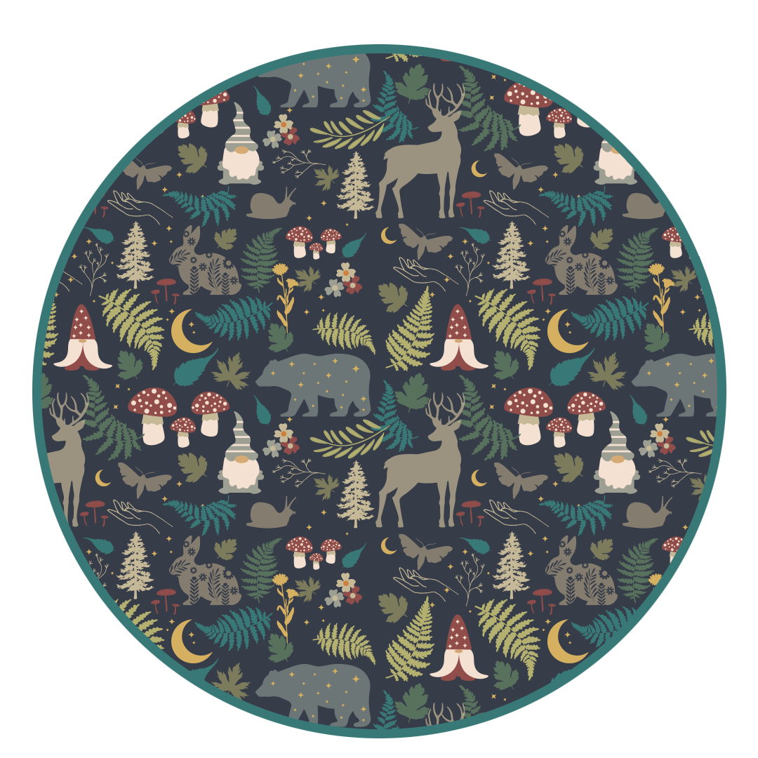 the "night forest" print is a night time themed design. you can see an array of forest animals ranging from, deer, bears, bunnies, birds, forest trees and leaves, flowers, and mushrooms. there are also starts and moons scattered around to enhance the night time atmosphere.