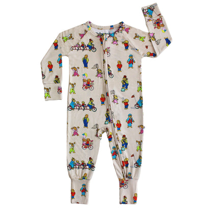 Children's onesie with colorful bear pattern on a white background