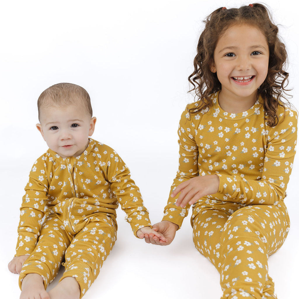 Golden Blooms Ribbed Bamboo Convertible Footie Romper
