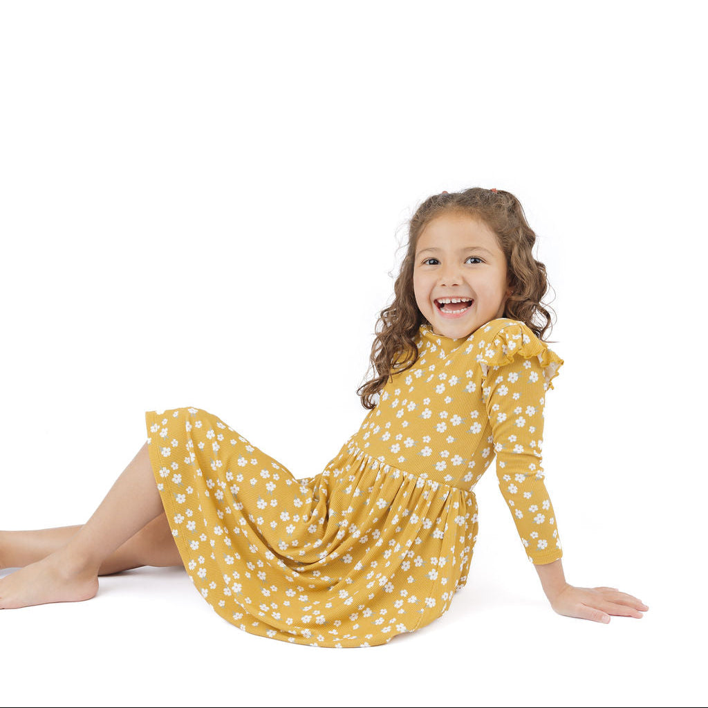 Golden Blooms Long Sleeve Ribbed Bamboo Twirl Dress