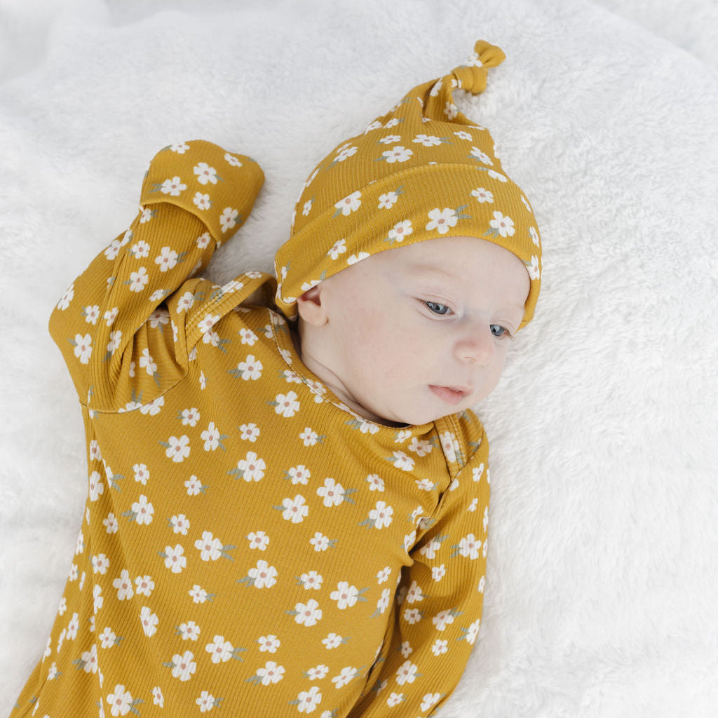 Golden Blooms Ribbed Bamboo Gown and Hat Newborn Baby Gift Set