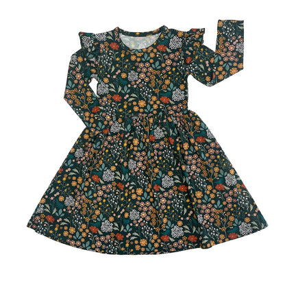 dark green dress with floral print on white background. 