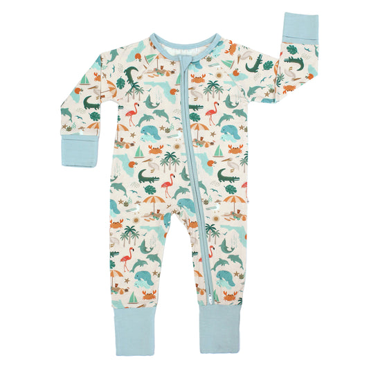 Soft and breathable bamboo convertible baby pajama featuring a vibrant Florida-themed print, perfect for little ones to sleep in comfort.