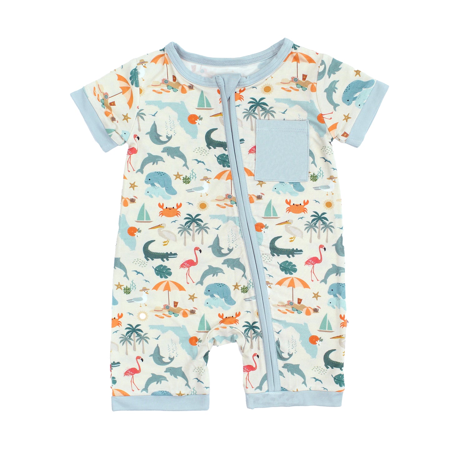 Soft and breathable bamboo shortie romper featuring a vibrant Florida-themed print, perfect for little ones to play and explore in comfort.
