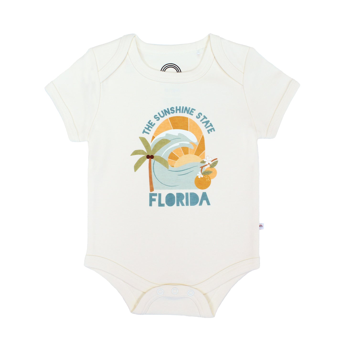 Florida Sunshine State baby bodysuit – soft & stretchy 100% cotton with unique vintage-inspired print, snap bottom, and fold-over shoulders for easy dressing.