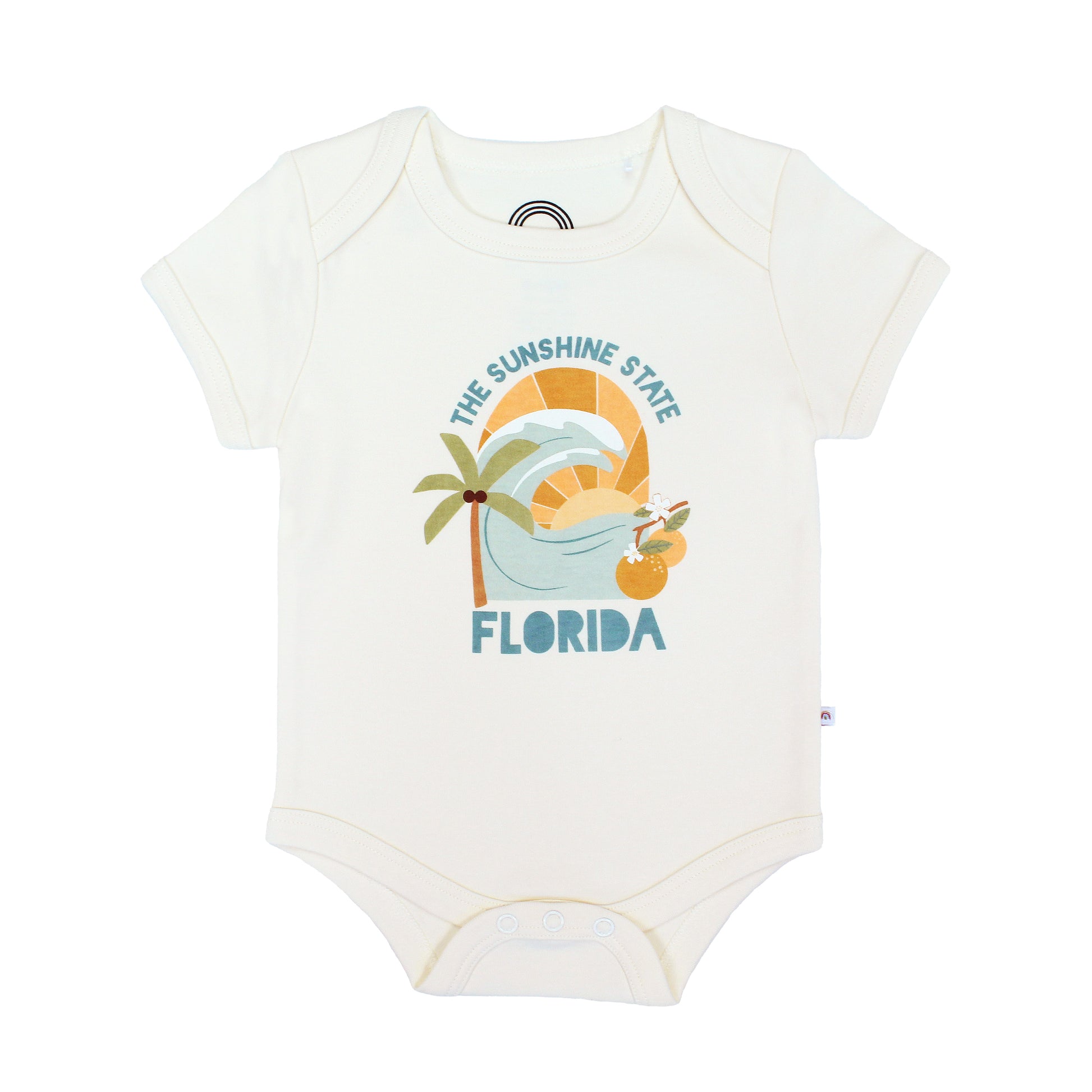 Florida Sunshine State baby bodysuit – soft & stretchy 100% cotton with unique vintage-inspired print, snap bottom, and fold-over shoulders for easy dressing.