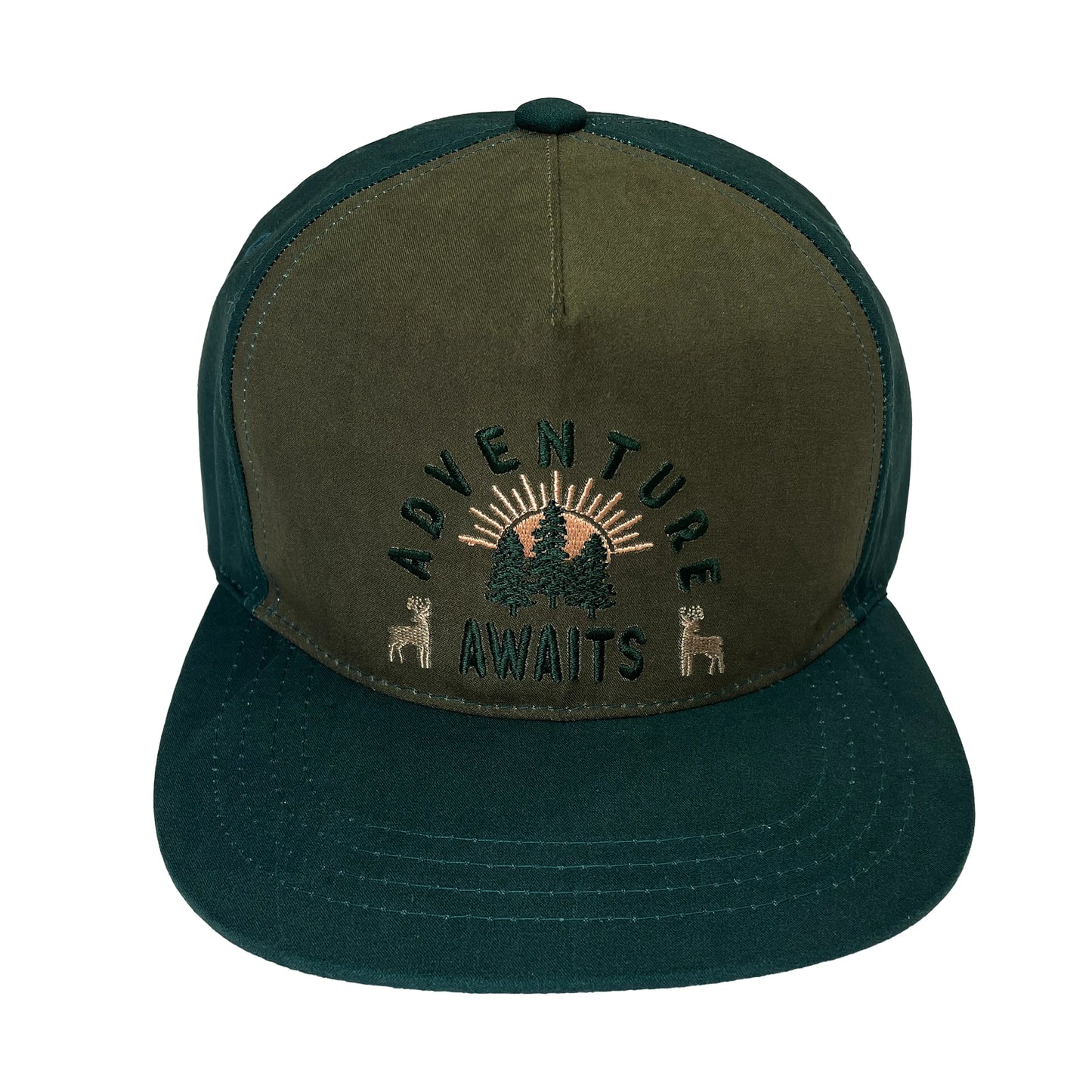 green hat with words in the middle.