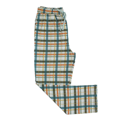 relaxed pajama pants with plaid print on white background.