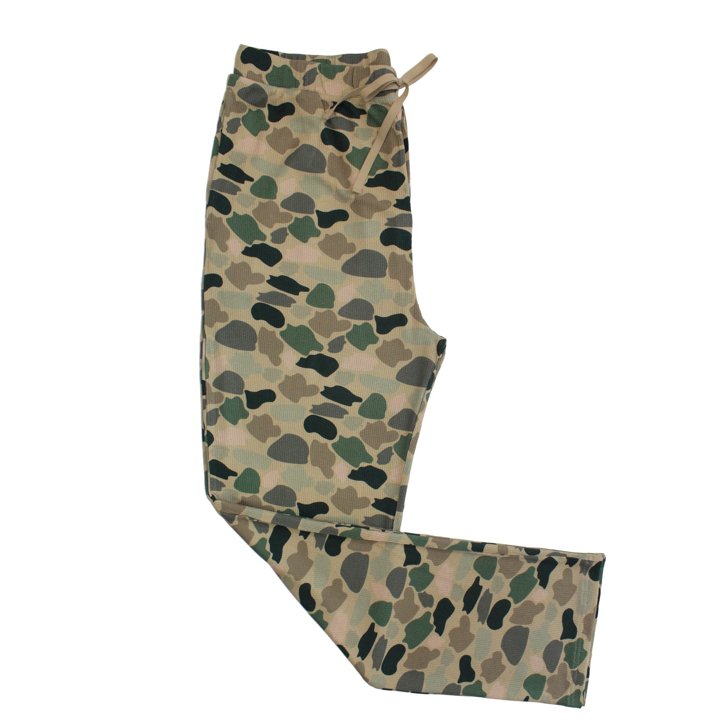 relaxed pajama pants with camo print on white background