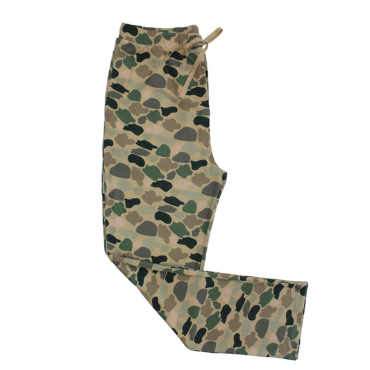 relaxed pajama pants with camo print on white background