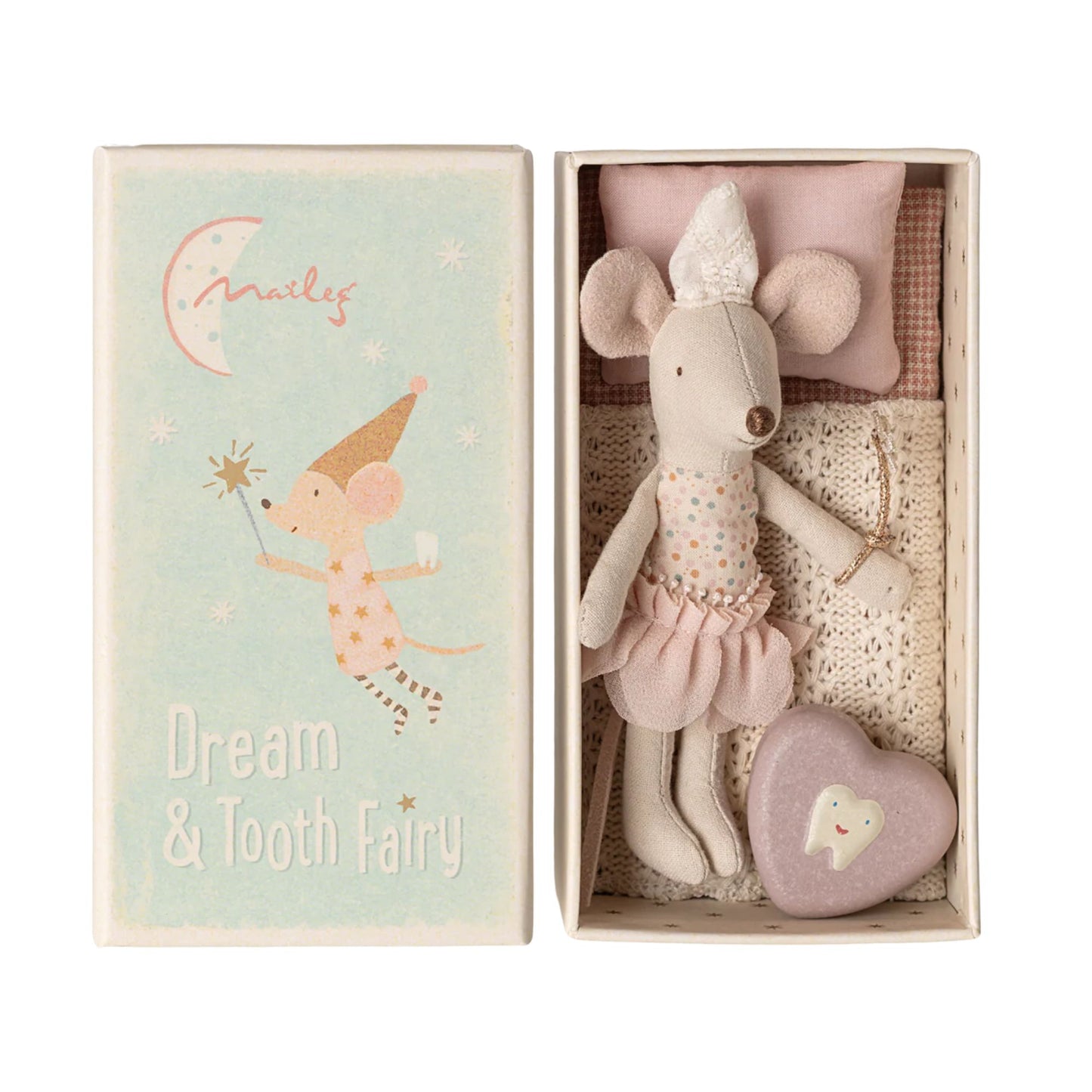Maileg tooth fairy mouse little sister in matchbox bed