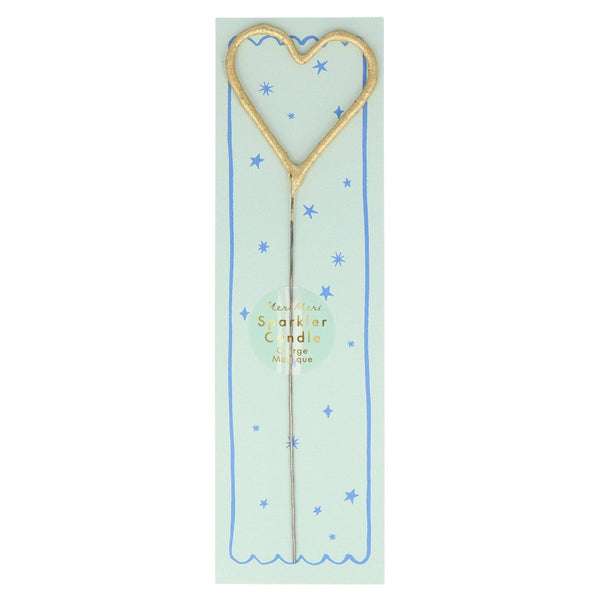 Heart-shaped sparkler on a light green card with blue stars