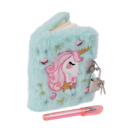 Fluffy minty blue notebook with unicorn design and pink pen from Great Pretenders