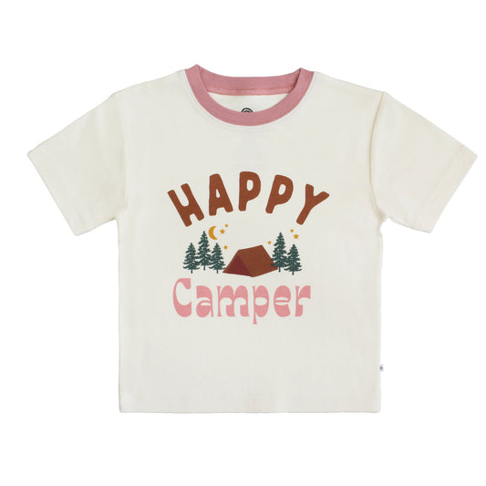 white tshirt with pink trim and camp graphic