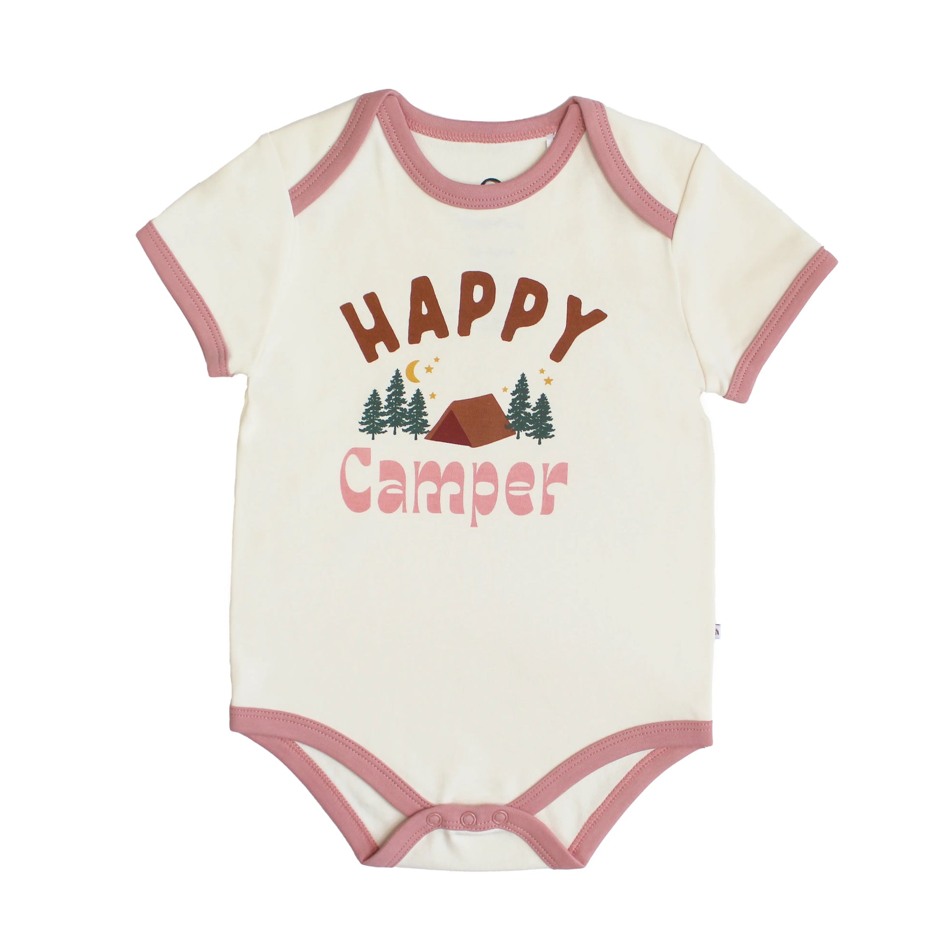 white onesie with pink trim and camp graphic.