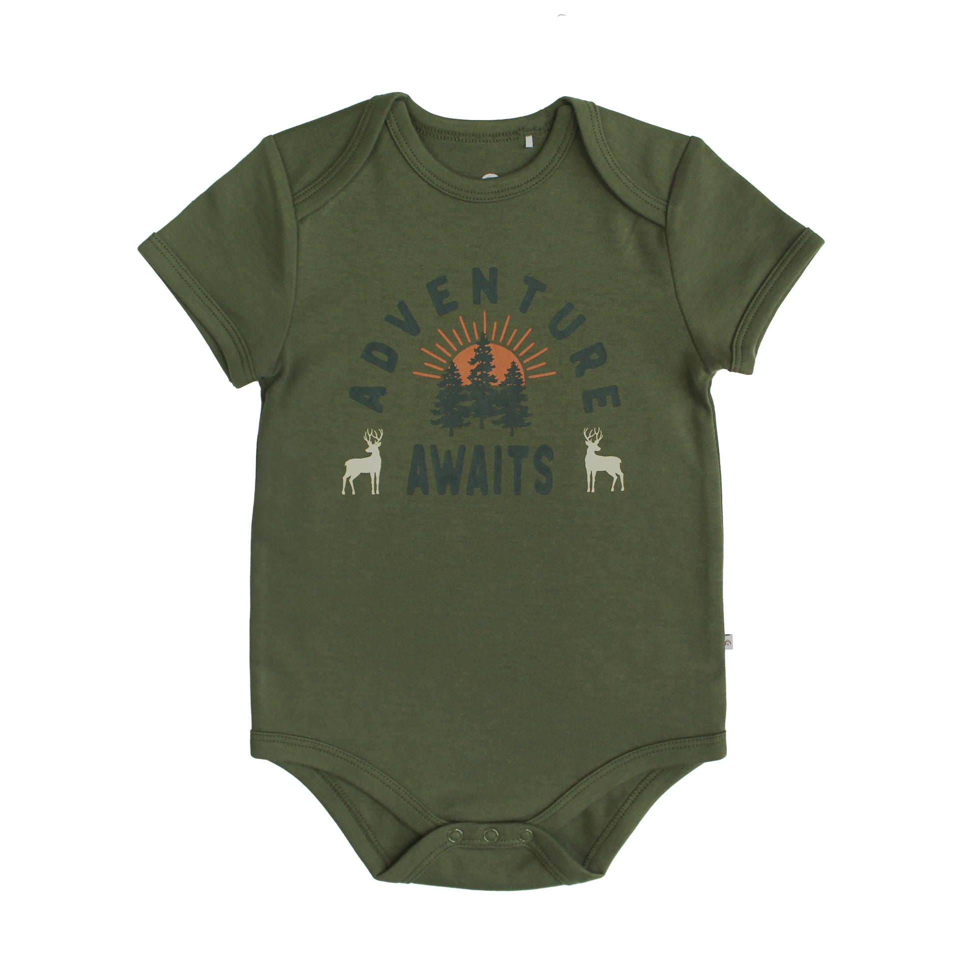 green onesie with words in the middle.