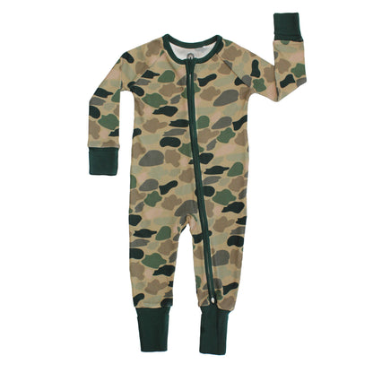 baby convertible with camo print on white background.