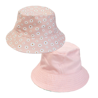 Two pink bucket hats, one with a floral pattern and the other solid pink, on a white background.