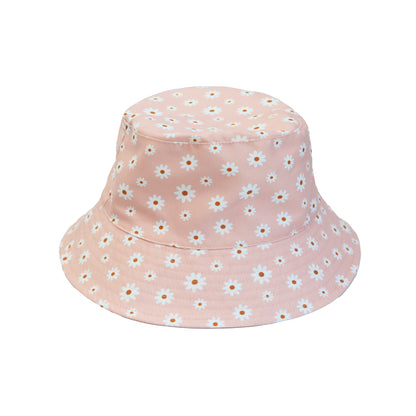 Pink bucket hat with white floral pattern on a white background