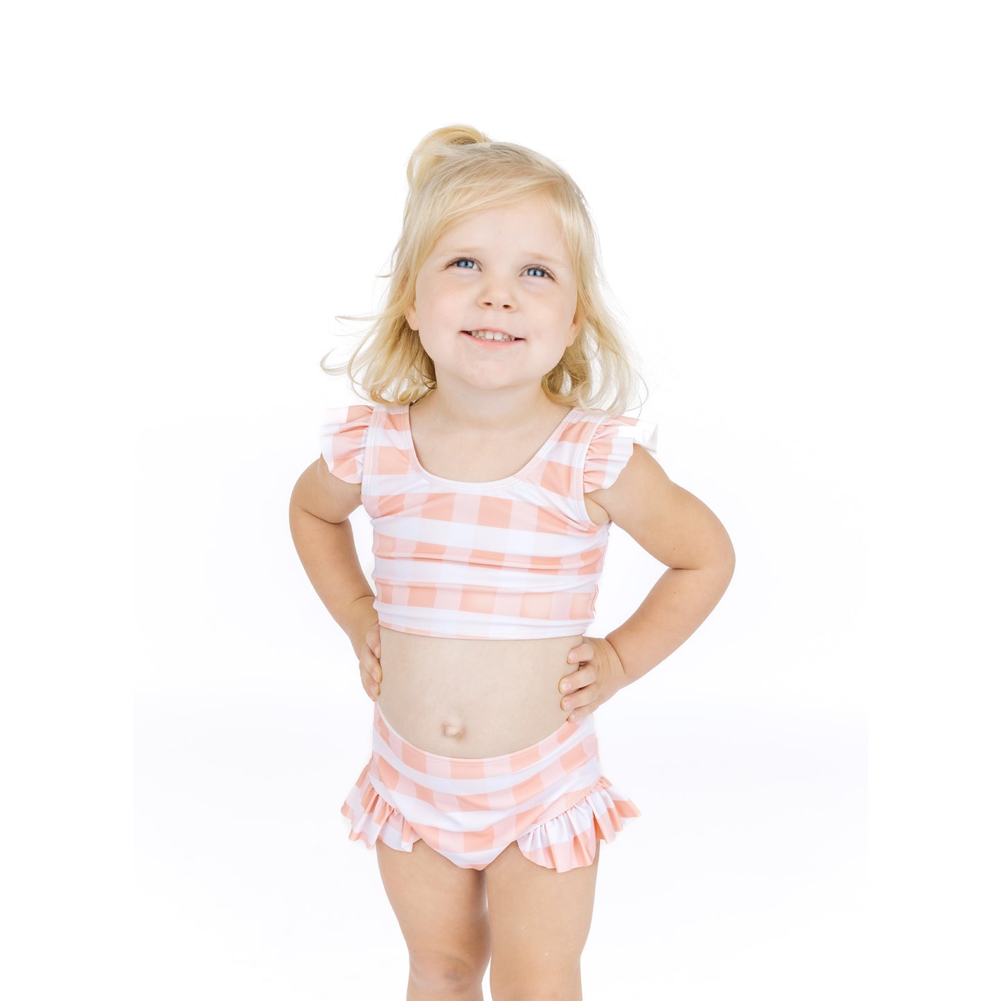 Pink Gingham Flutter Bikini Girls Swimsuit