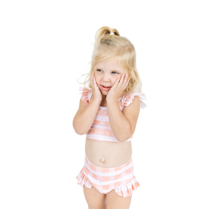 Pink Gingham Flutter Bikini Girls Swimsuit