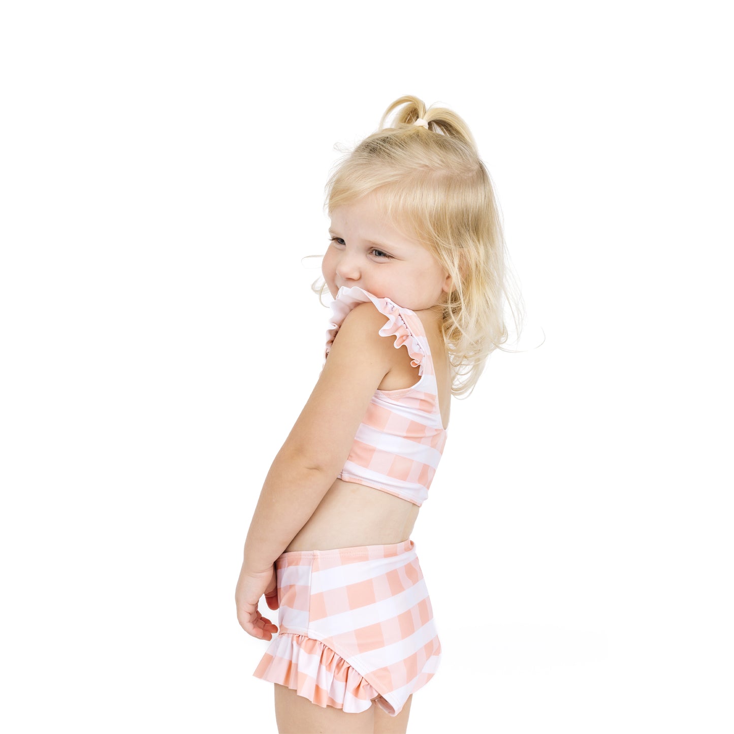 Pink Gingham Flutter Bikini Girls Swimsuit