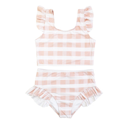 Pink Gingham Flutter Bikini Girls Swimsuit