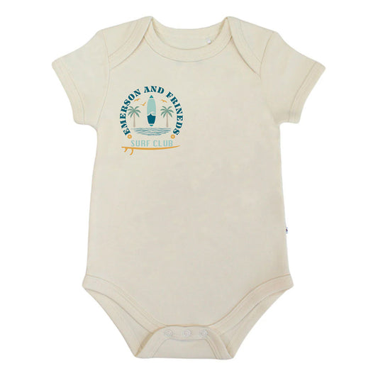 Beige baby onesie with a graphic design on a white background
