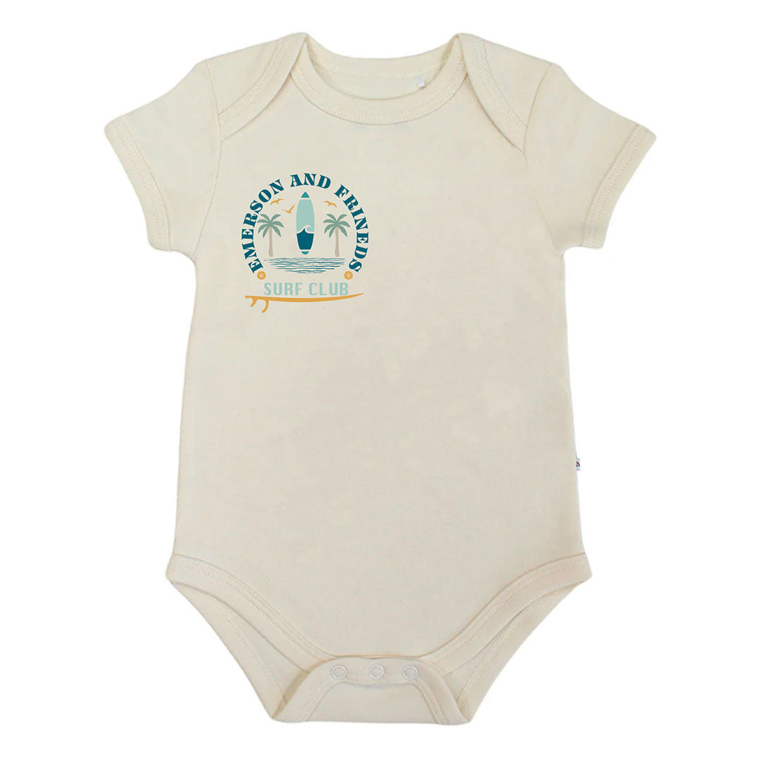 Beige baby bodysuit with a graphic design on a white background