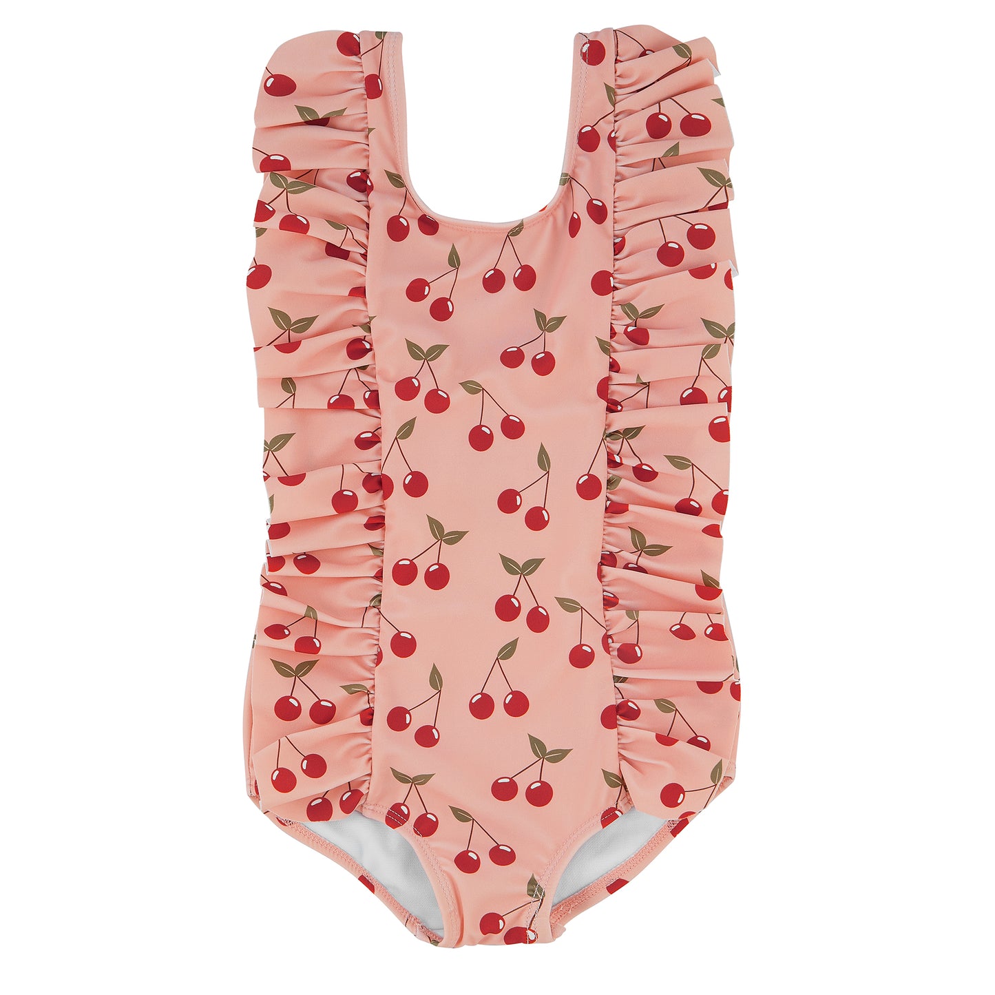 Pink swimsuit with cherry pattern on a white background