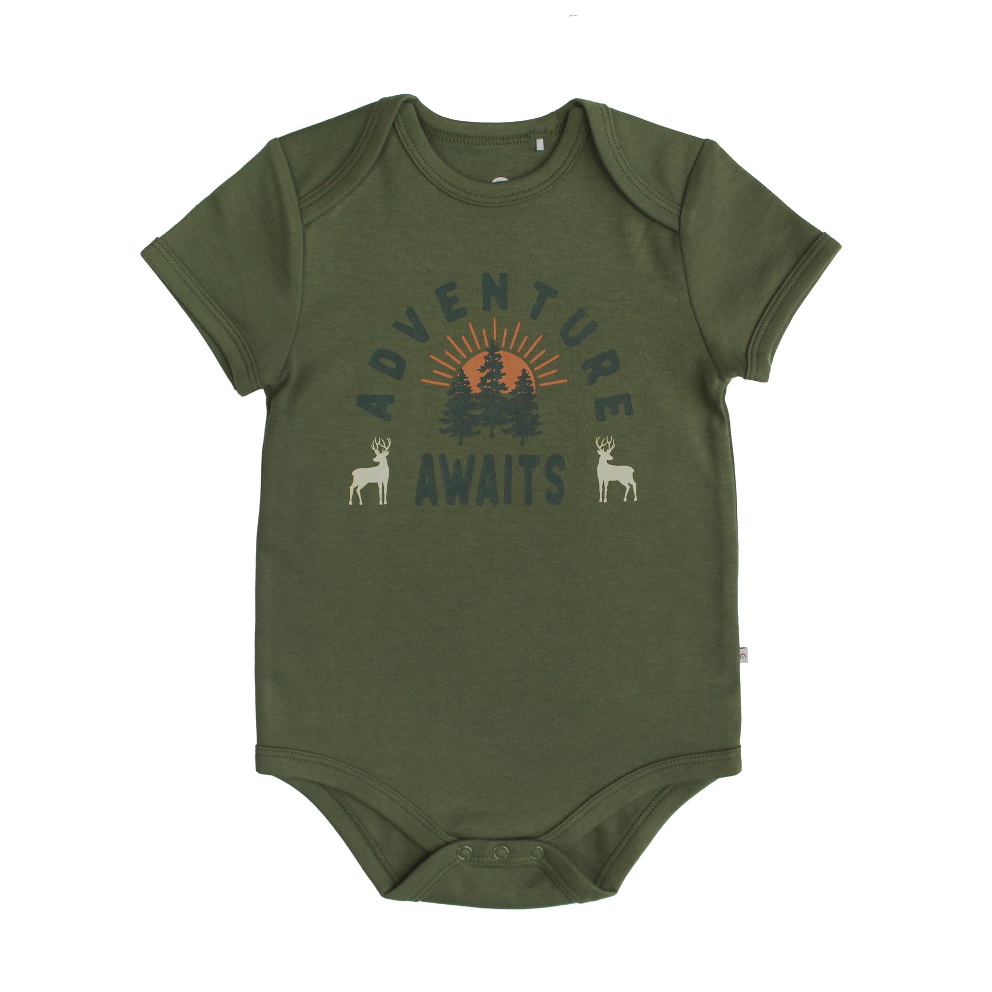 Green cotton bodysuit saying Adventure Awaits 