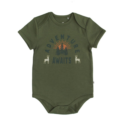 Green cotton bodysuit saying Adventure Awaits 