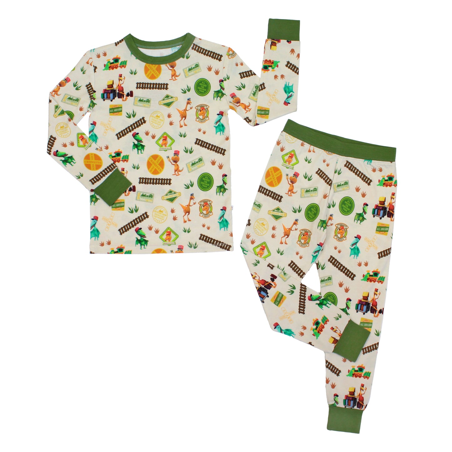 All Aboard the Dinosaur™ Train Long Sleeve Kids Pajama Pants Set with green trim, and colorful orange, blue, and green dinosaurs on train tracks with "Dino Train" print.