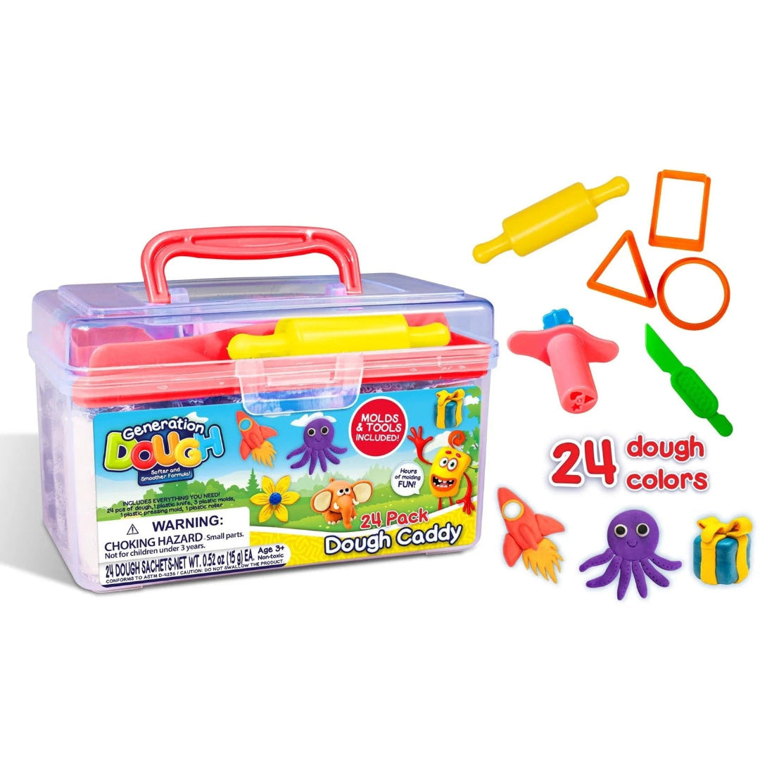 Dough set with container, tools, and color chart on a white background