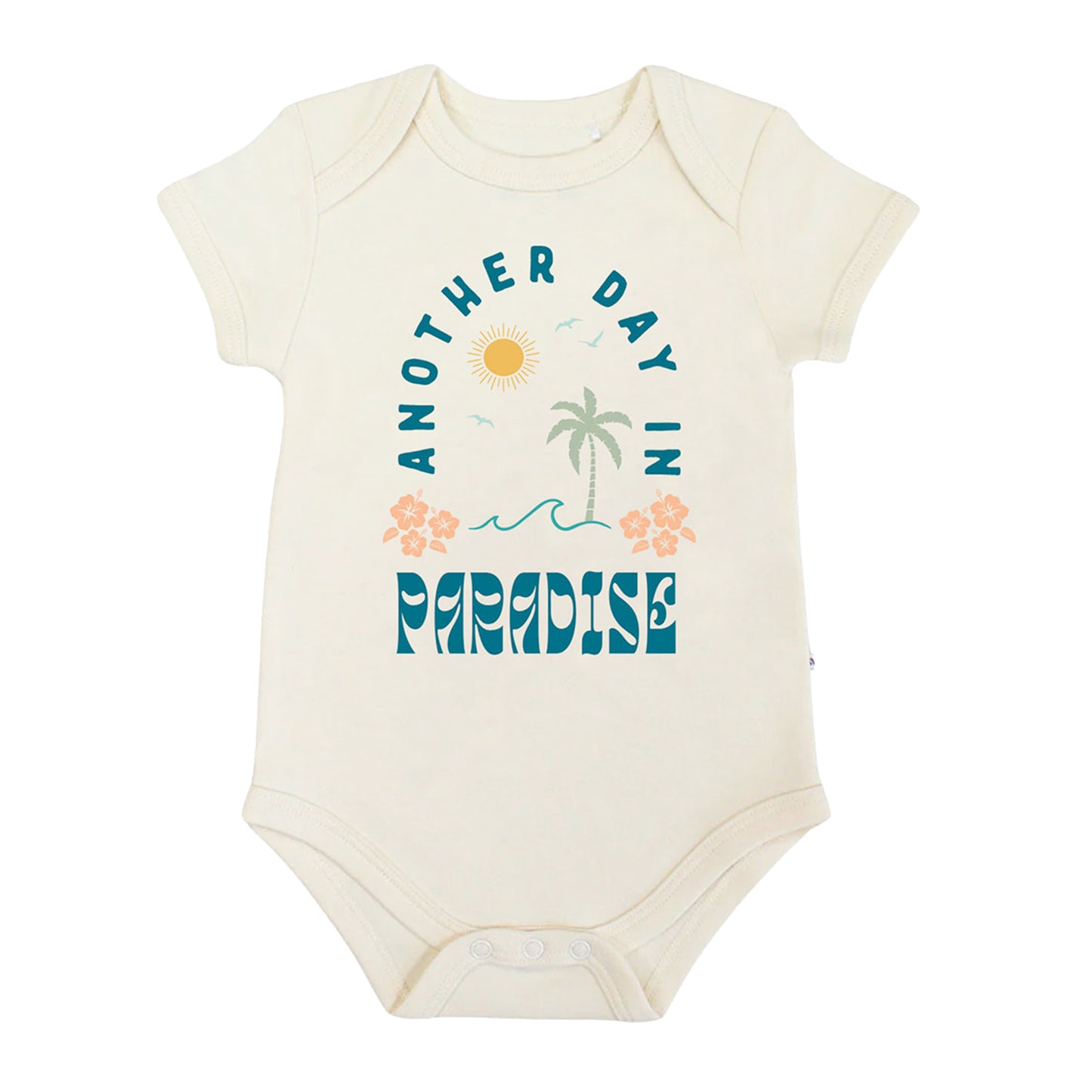 Baby bodysuit with 'Another Day in Paradise' text and graphics on a white background
