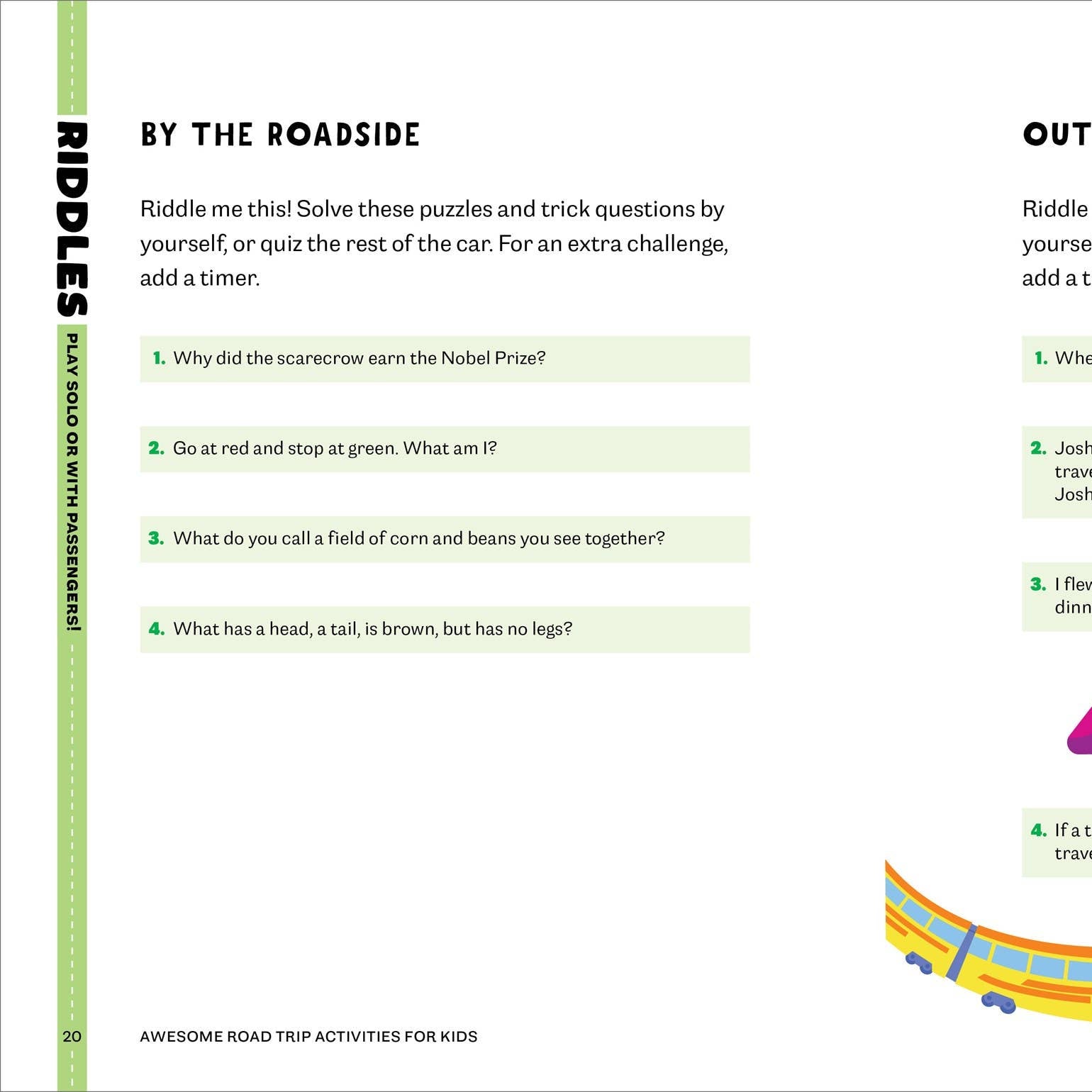 Page from a book with riddles and colorful train illustration on a white background