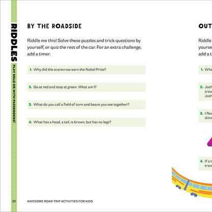 Page from a book with riddles and colorful train illustration on a white background