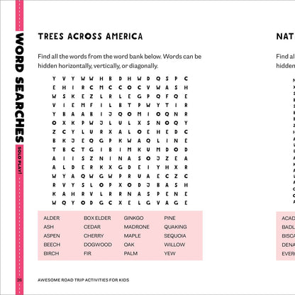 Two word search pages with 'Trees Across America' and 'National Parks' themes on a white background.