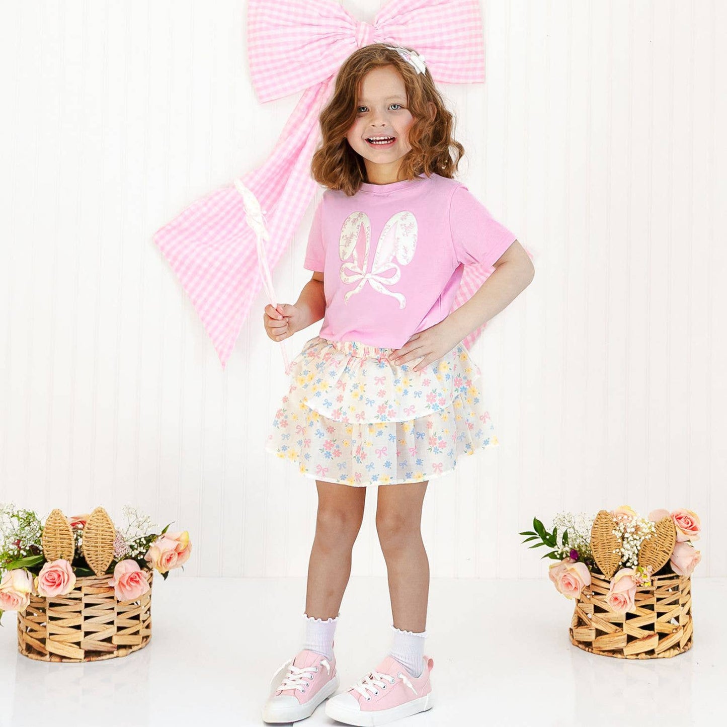Sweet Wink - Lace Bunny Bow Patch Easter Short Sleeve T-Shirt - Kids