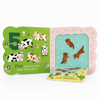 inside of the counting board book, it has a fold down flap inside revealing otters swimming