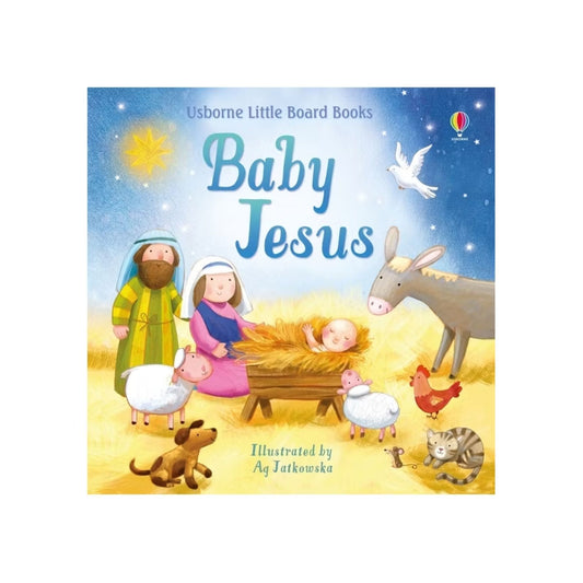 Book cover of 'Baby Jesus' from Usborne Little Board Books with illustrations of Mary, Joseph, baby Jesus, and animals.