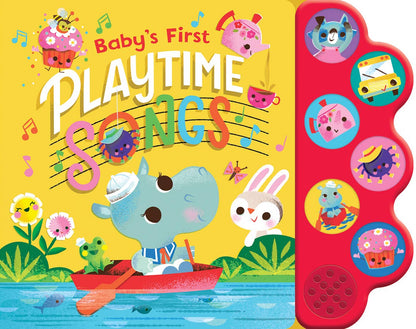 Children's book cover titled 'Baby's First Playtime Songs' with colorful illustrations and a red side panel.