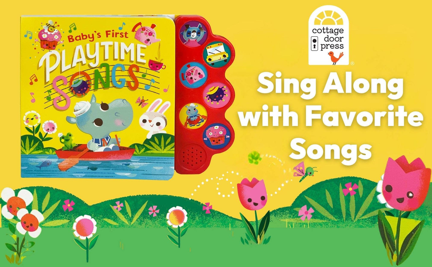 Children's book with colorful cover and interactive elements on a yellow background, featuring text 'Baby's First Playtime Songs' and 'Cottage Door Press'.
